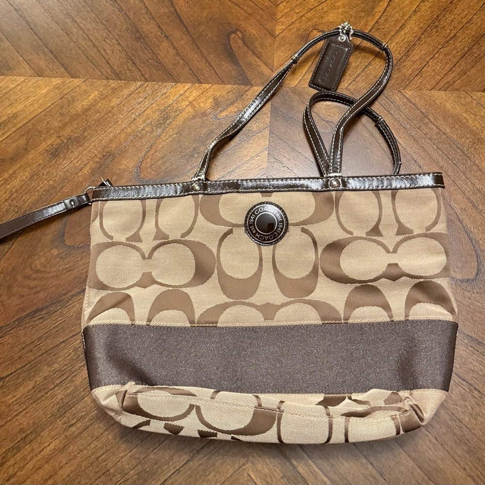 Coach Brown and Tan Signature Shoulder Bag